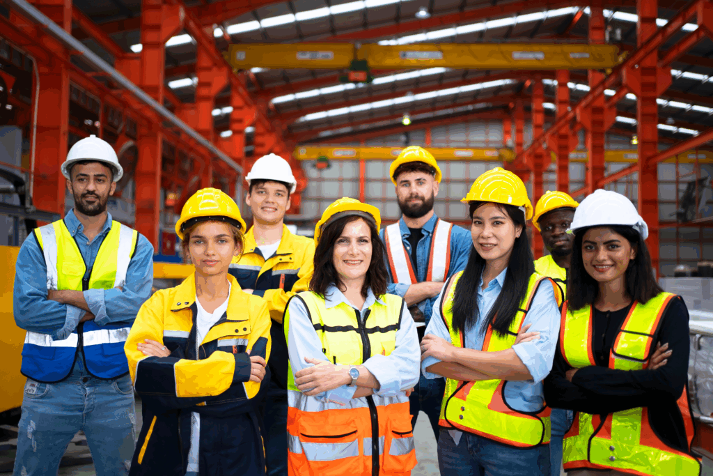 Team of skilled workers collaborating in a manufacturing facility, representing business growth through labour hire.